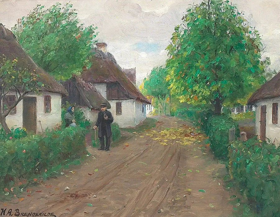 Une route de village avec deux personnes qui discutent. - H. A. Brendekilde