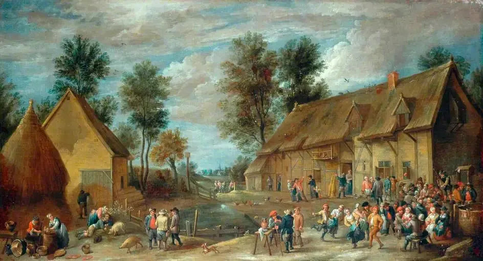 Une scène de village avec des paysans s'amusant devant une auberge - David Teniers le Jeune image 1 reproduction de peinture à l’huile