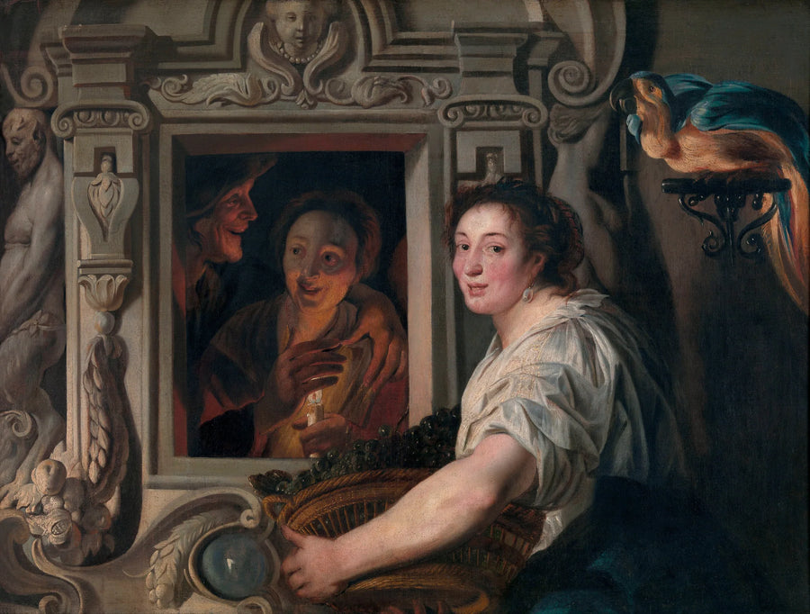 Une servante avec un panier de fruits et deux amoureux - Jacob Jordaens
