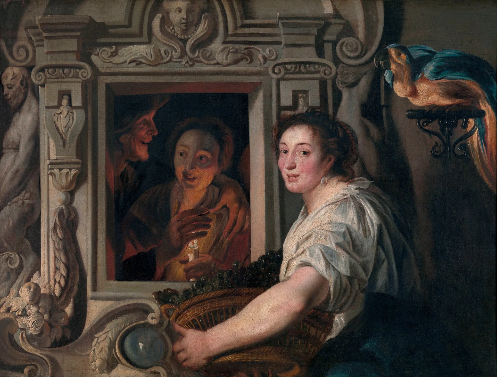 Une servante avec un panier de fruits et deux amoureux - Jacob Jordaens image 1 copie peinte à la main à l’huile