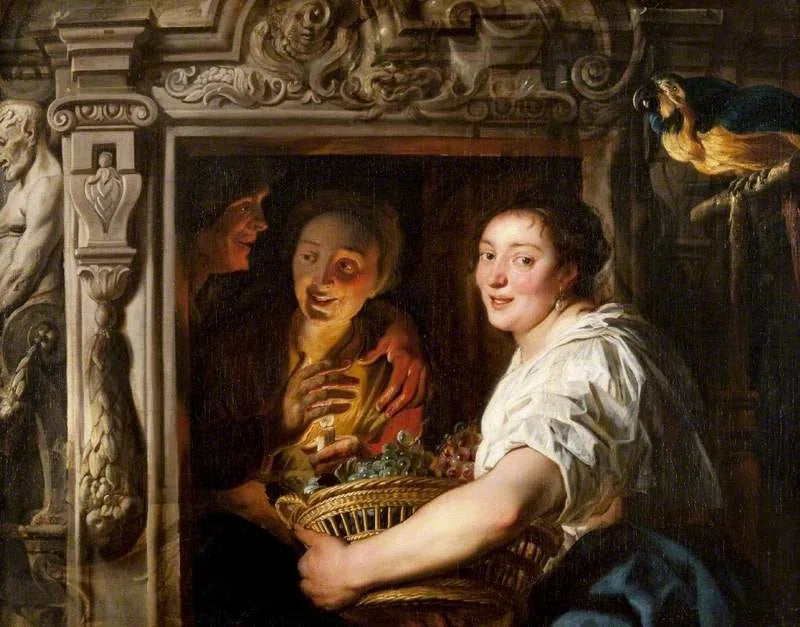 Une servante avec un panier de fruits et deux amoureux - Jacob Jordaens