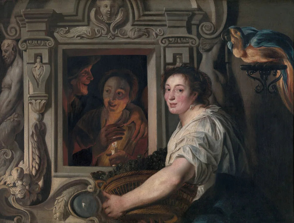 Une servante avec un panier de fruits et deux amoureux - Jacob Jordaens image 1 copie peinte à la main à l’huile