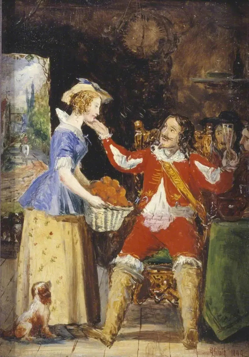 Une servante offrant un panier de fruits à un cavalier - John Everett Millais image 1 reproduction de peinture à l’huile