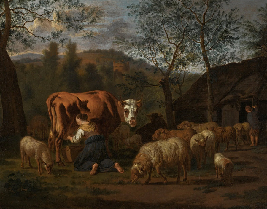 Une servante trait une vache, entourée de moutons - Adriaen van de Velde
