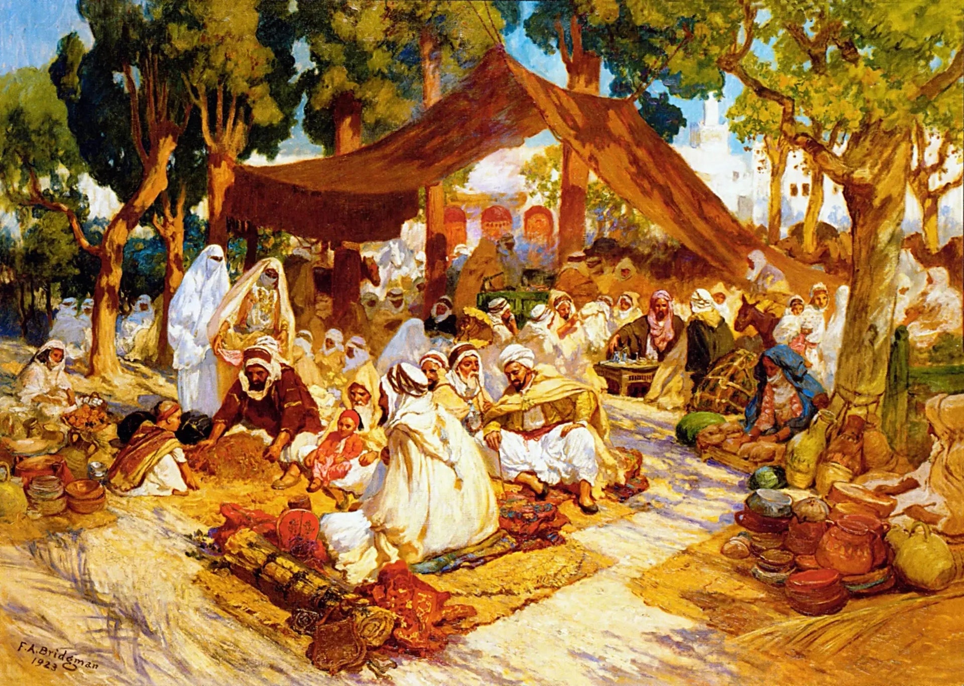 Une soirée de rassemblement dans un campement algérien - Frederick Arthur Bridgman image 1 copie peinte à la main à l’huile
