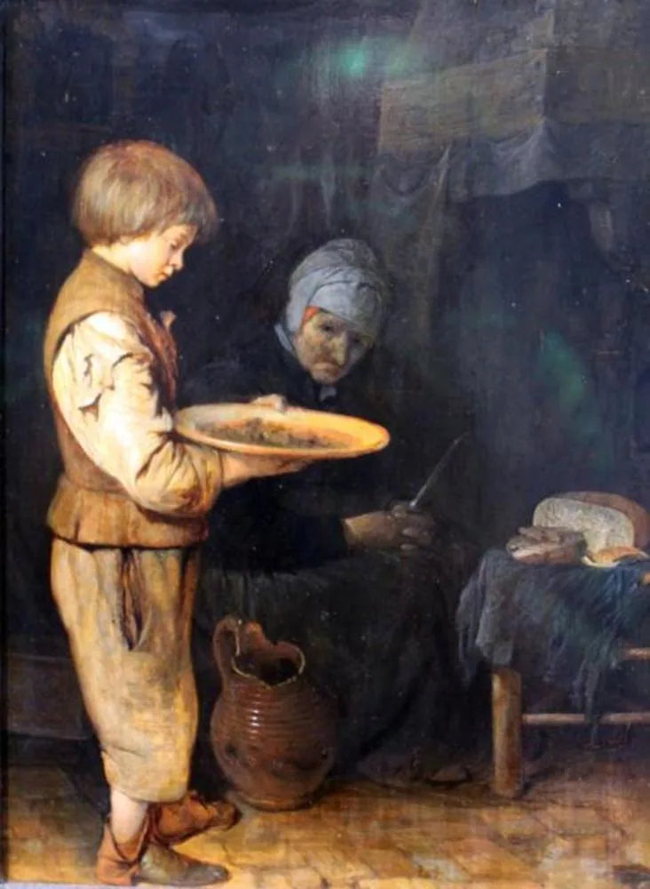 Une vieille femme et un garçon prennent un repas modeste. - Gerard ter Borch image 1 tableau peint à l’huile sur toile