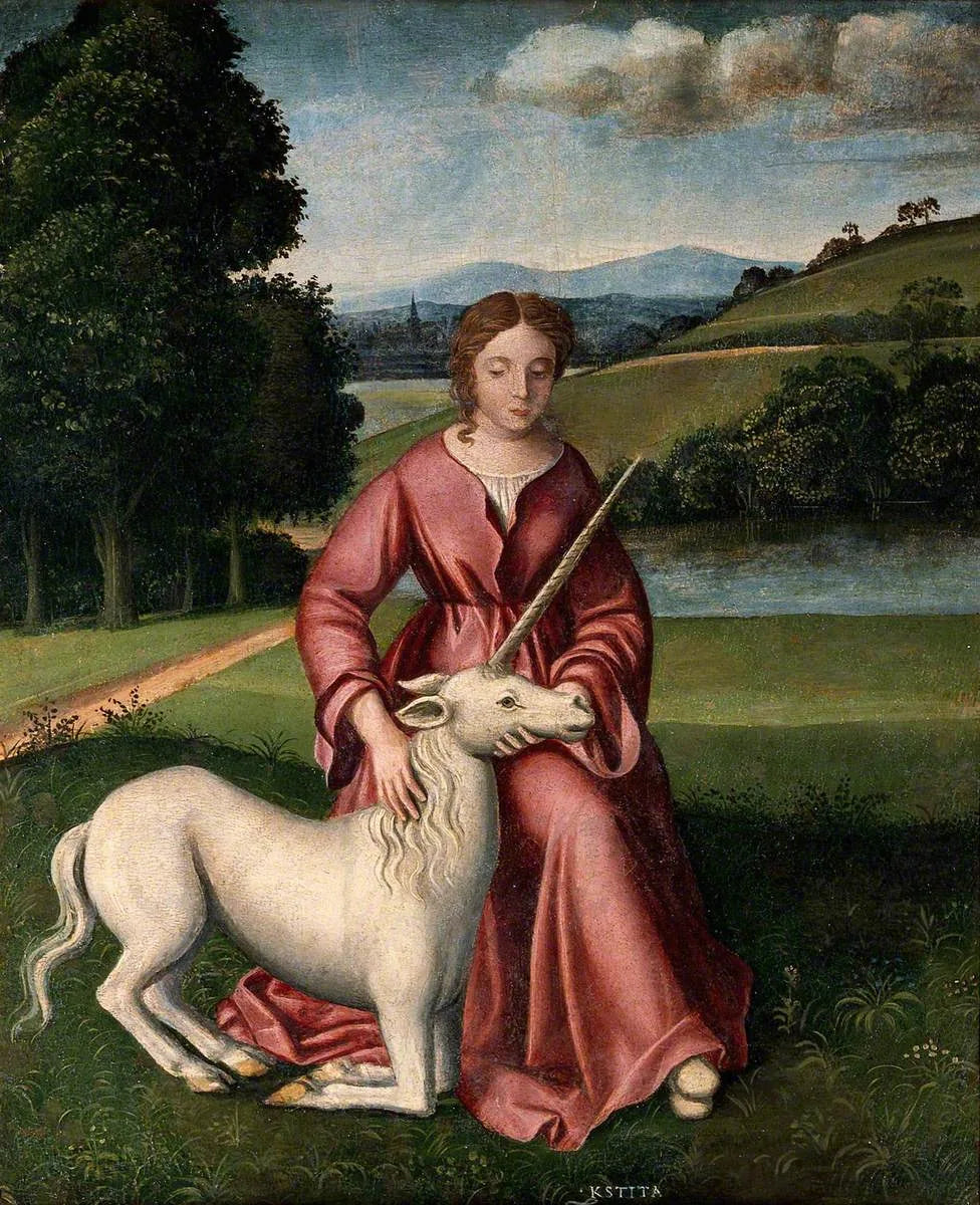 Une vierge et une licorne, symbolisant la chasteté - Dosso Dossi image 1 reproduction artisanale de tableau