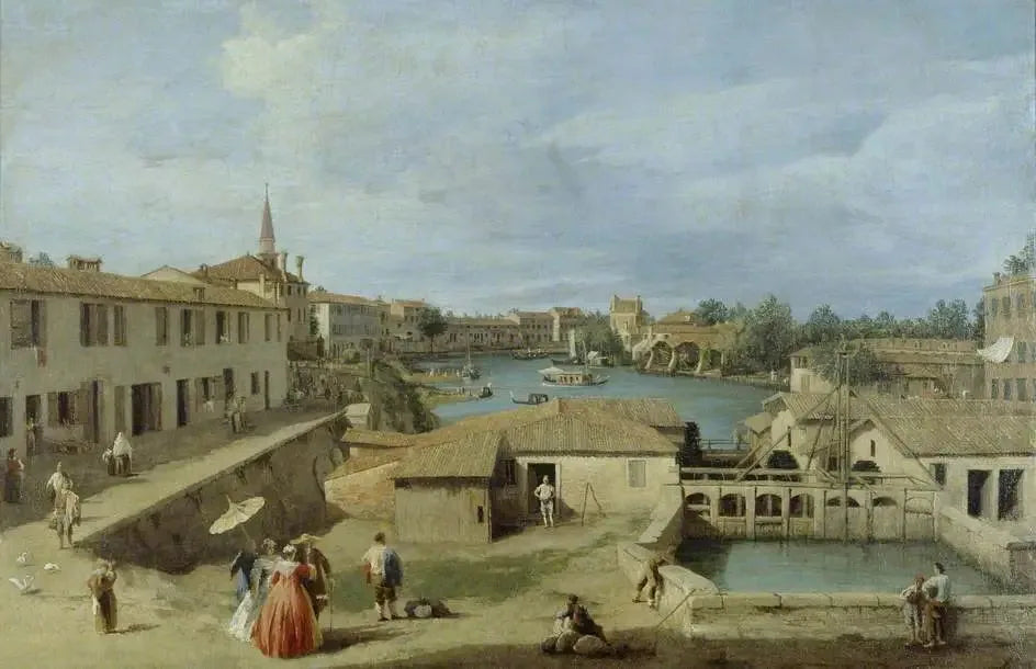 Une vue de Dolo sur le canal de la Brenta - Canaletto image 1 copie de tableau peinte à la main
