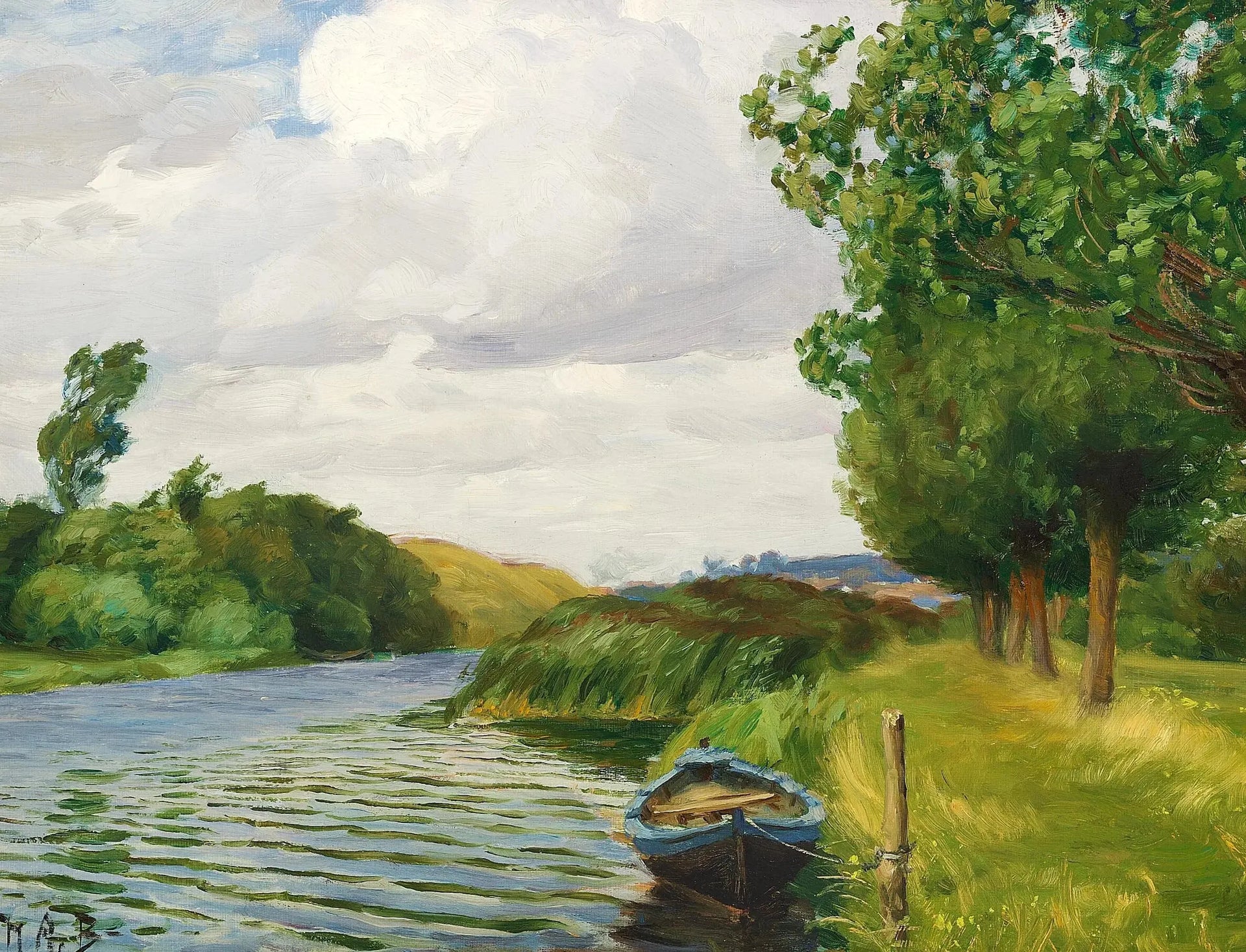 Une vue de la rivière à Odense, avec un bateau. - H. A. Brendekilde image 1 tableau peint à l’huile sur toile