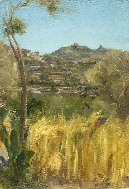 Une vue en Italie avec un champ de maïs - Frederic Leighton image 1 copie peinte à la main à l’huile