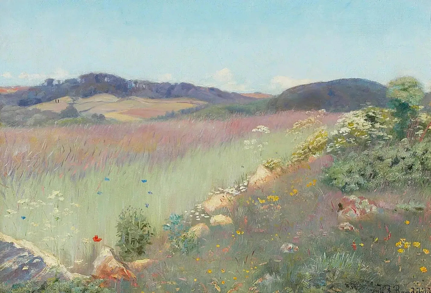 Une vue sur un paysage d'été danois avec des fleurs. - H. A. Brendekilde image 1 copie peinte à la main à l’huile