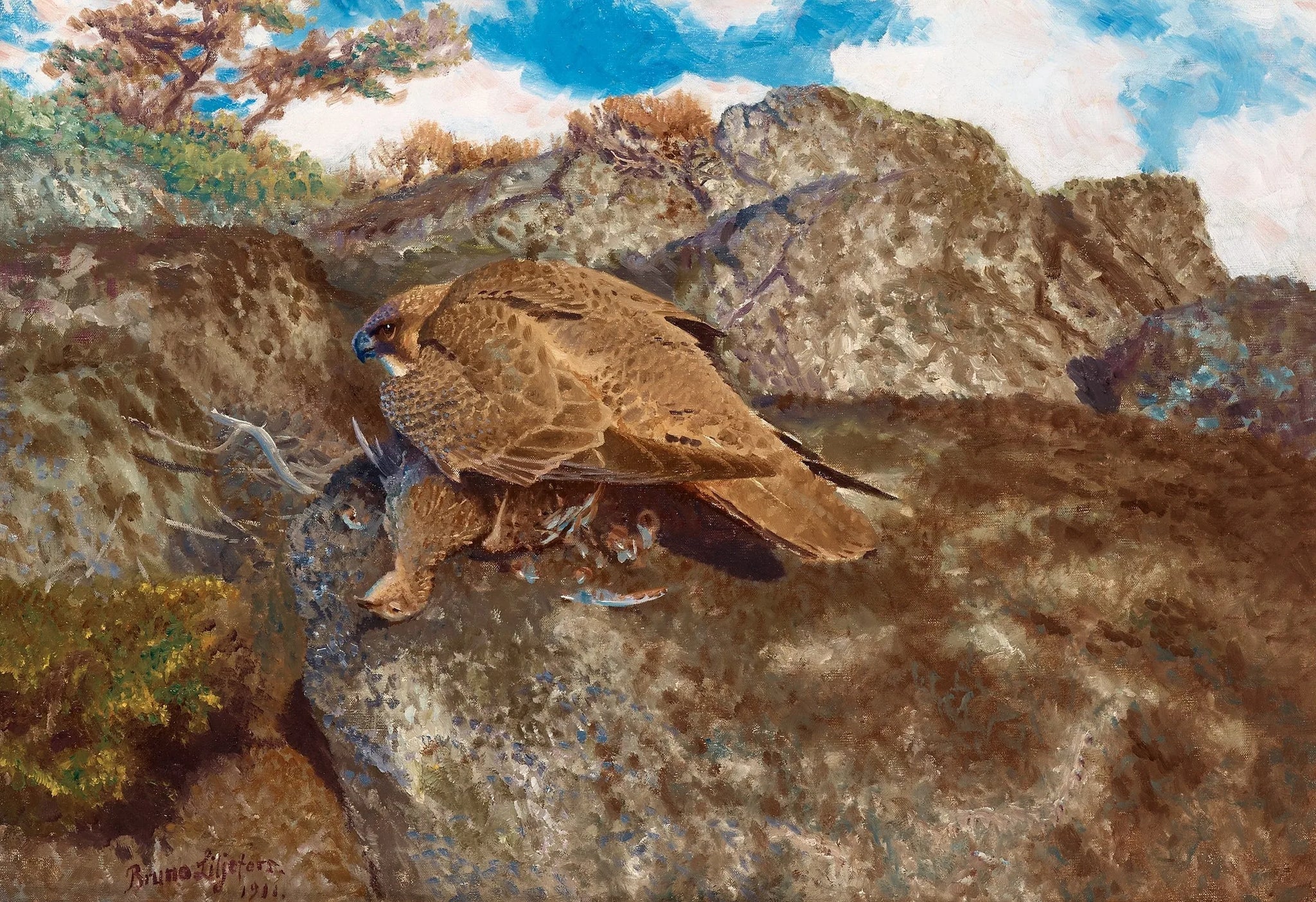 Ung pilgrimsfalk med ung rapphöna - Bruno Liljefors image 1 tableau peint à l’huile sur toile
