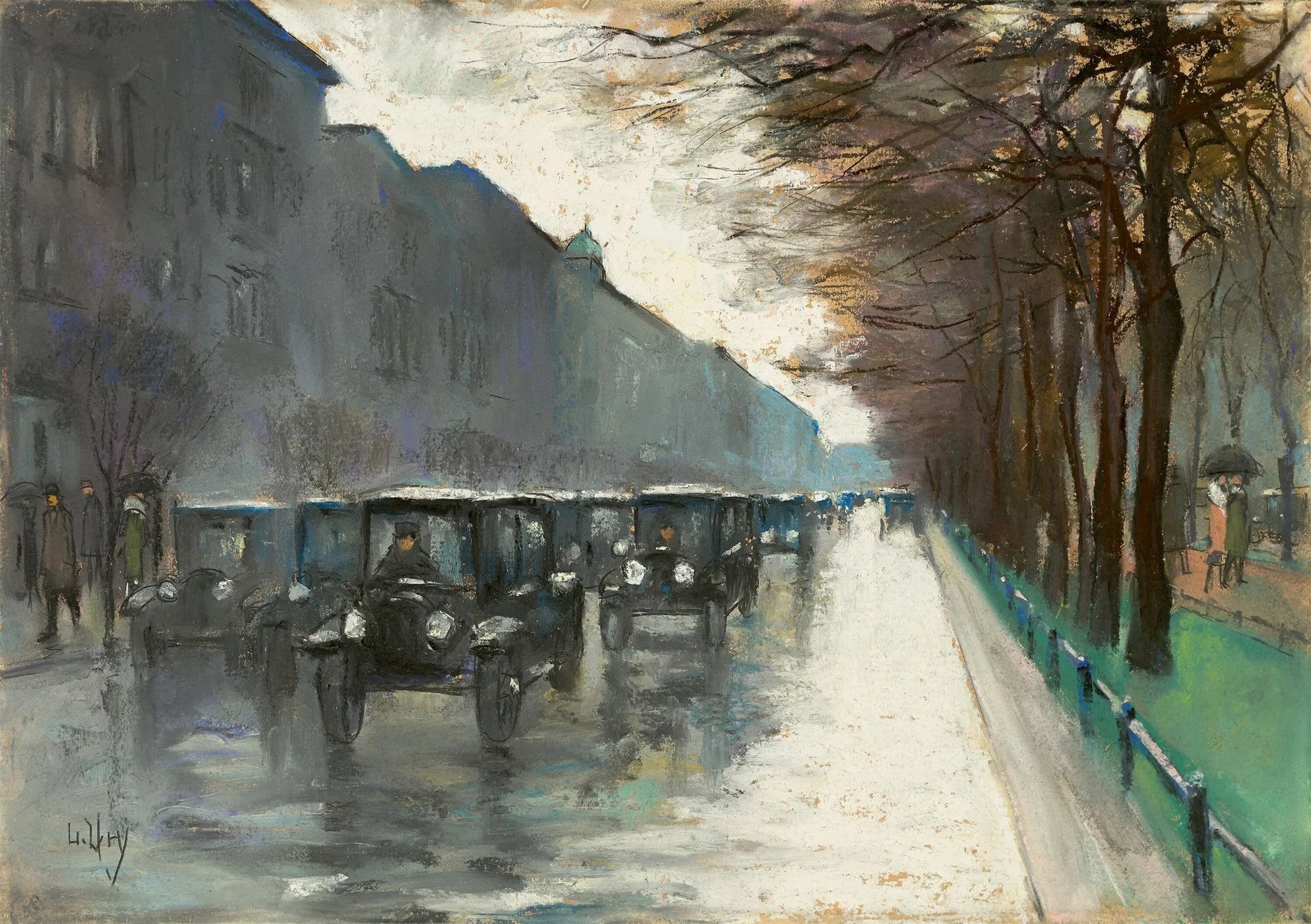 Unter den Linden mit Droschken im Regen - Lesser Ury image 1 copie de tableau peinte à la main
