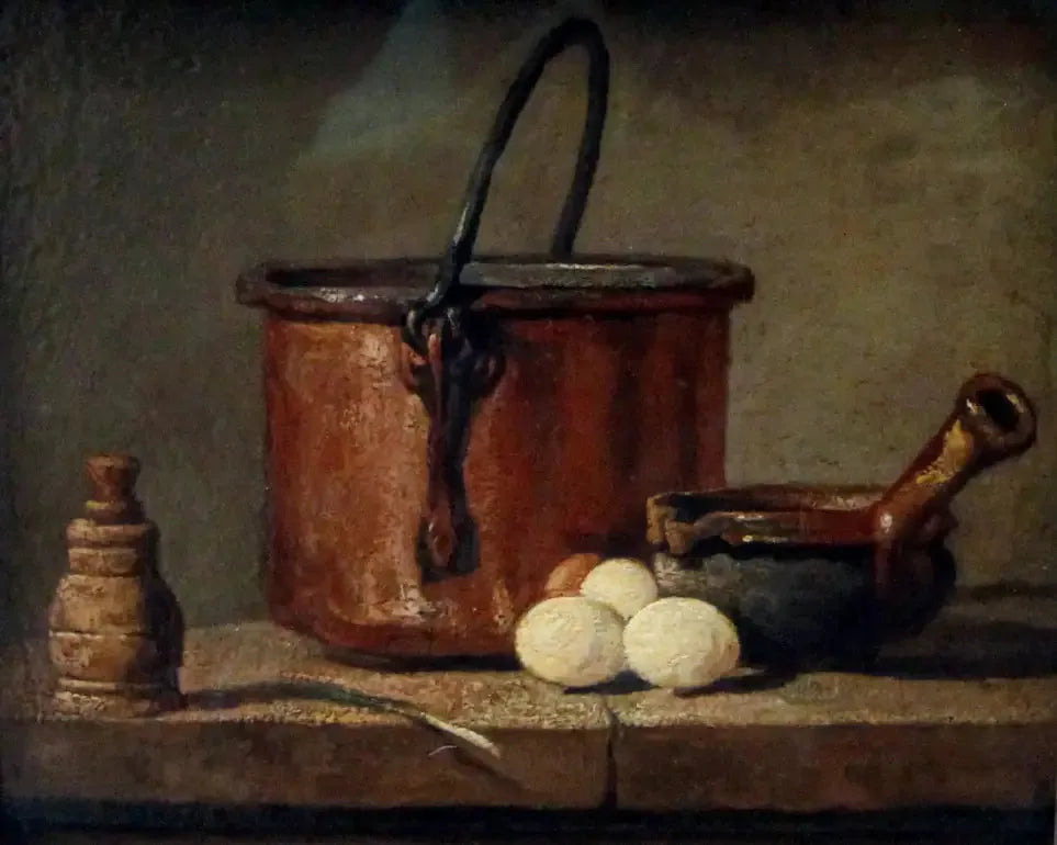 Ustensiles de cuisine, chaudron, poélon et œufs - Jean Siméon Chardin image 1 reproduction réalisée par Alpha Reproduction