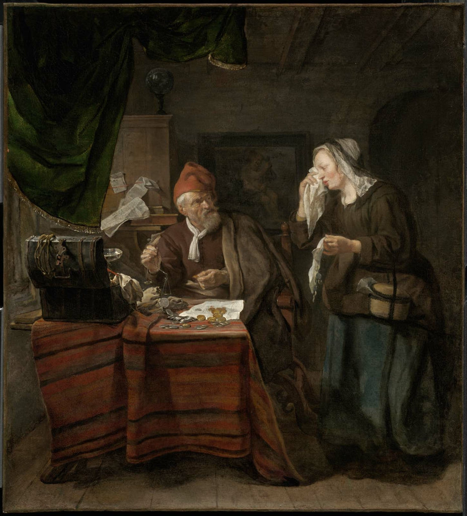 Usurier avec une femme en larmes - Gabriel Metsu image 1 reproduction d’œuvre d’art à l’huile