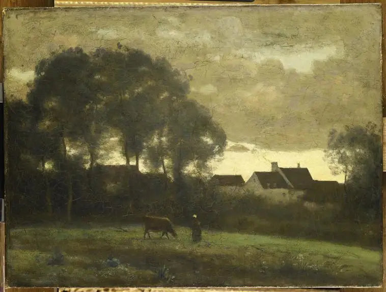 Vachère dans un pré au soleil couchant - Jean-Baptiste Camille Corot image 1 copie de tableau peinte à la main