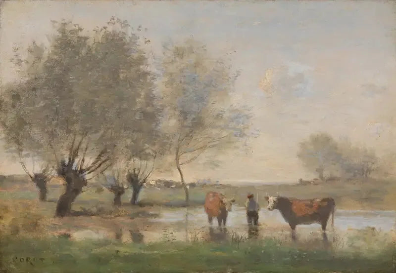 Vaches dans un paysage marécageux - Jean-Baptiste Camille Corot image 1 copie peinte à la main à l’huile