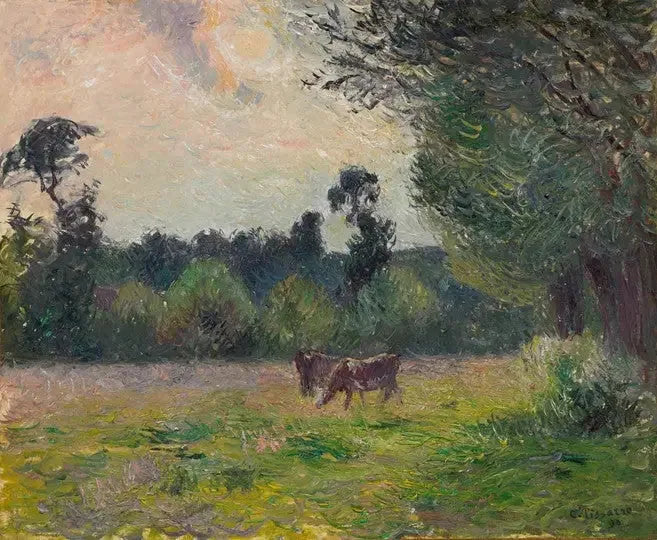 Vaches dans un pré, coucher de soleil - Camille Pissarro image 1 tableau peint à l’huile sur toile