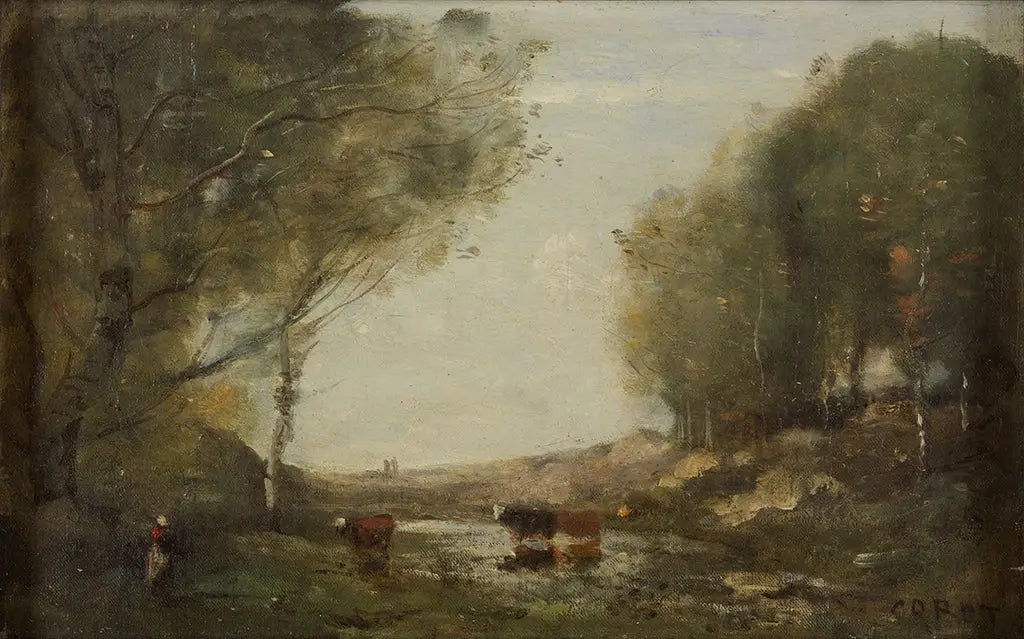 Vaches et eau - Jean-Baptiste Camille Corot image 1 copie de tableau peinte à la main