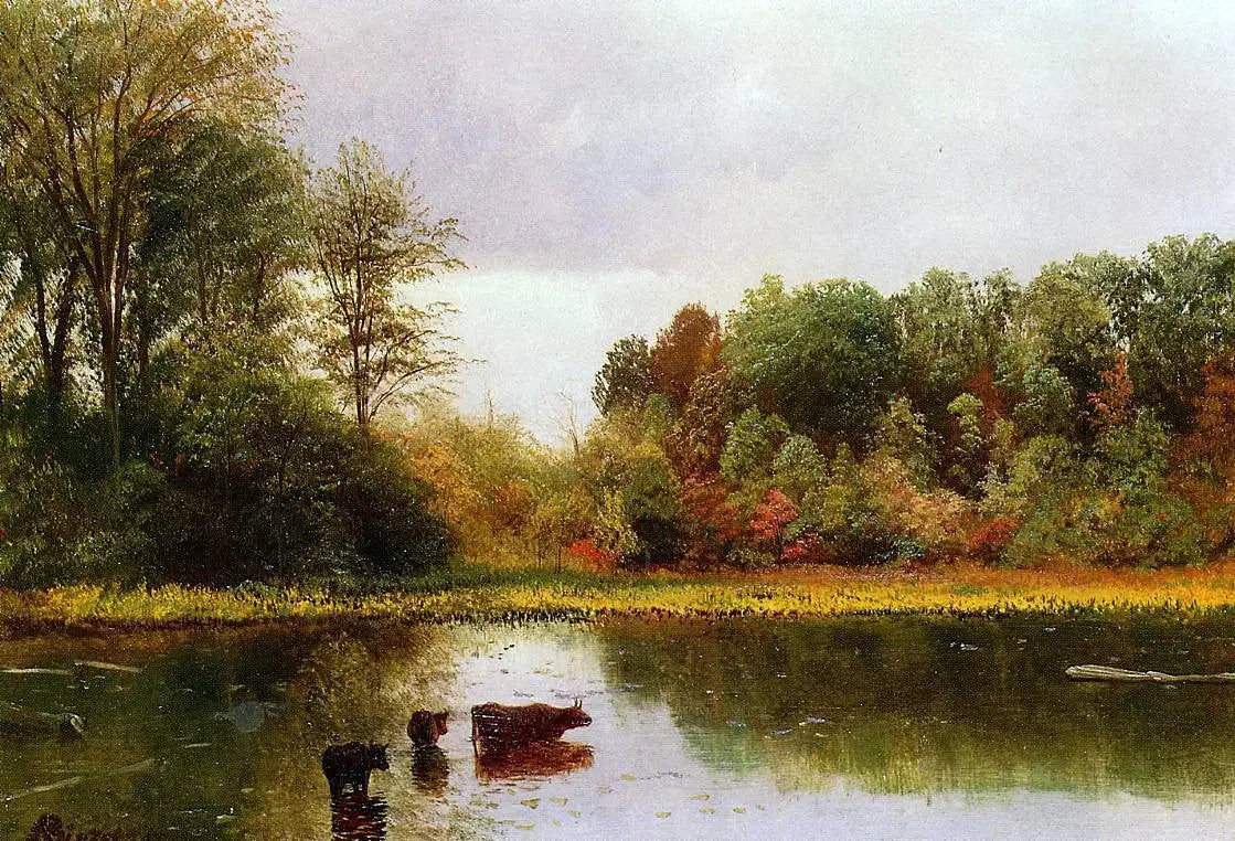 Vaches s'abreuvant dans un paysage - Albert Bierstadt image 1 reproduction de peinture à l’huile