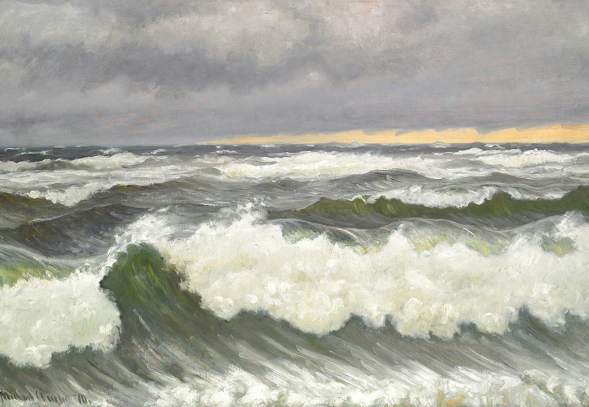 Vagues déferlant un jour de pluie, Skagen. - Michael Peter Ancher image 1 copie peinte à la main à l’huile