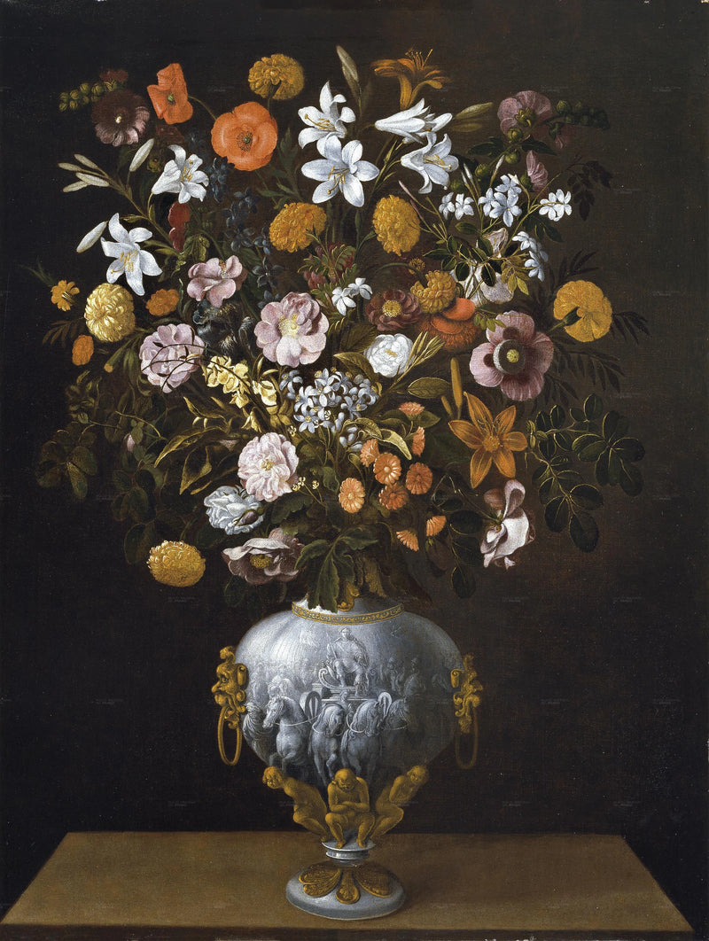 Vase de fleurs avec un char triomphal vu frontalement - Tomás Yepes