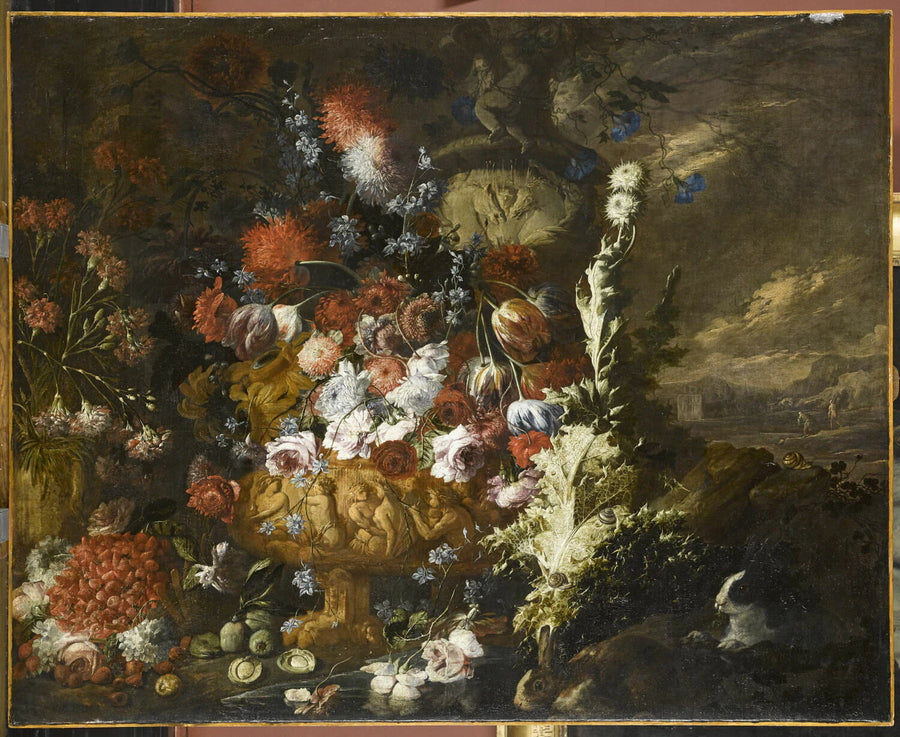 Vase de fleurs et fruits dans un paysage - Andrea Belvedere