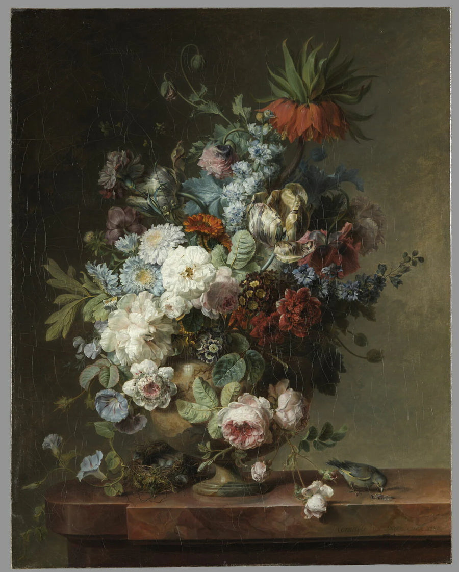 Vase de fleurs sur une table de pierre, avec un nid et un verdier mâle - Cornelis van Spaendonck