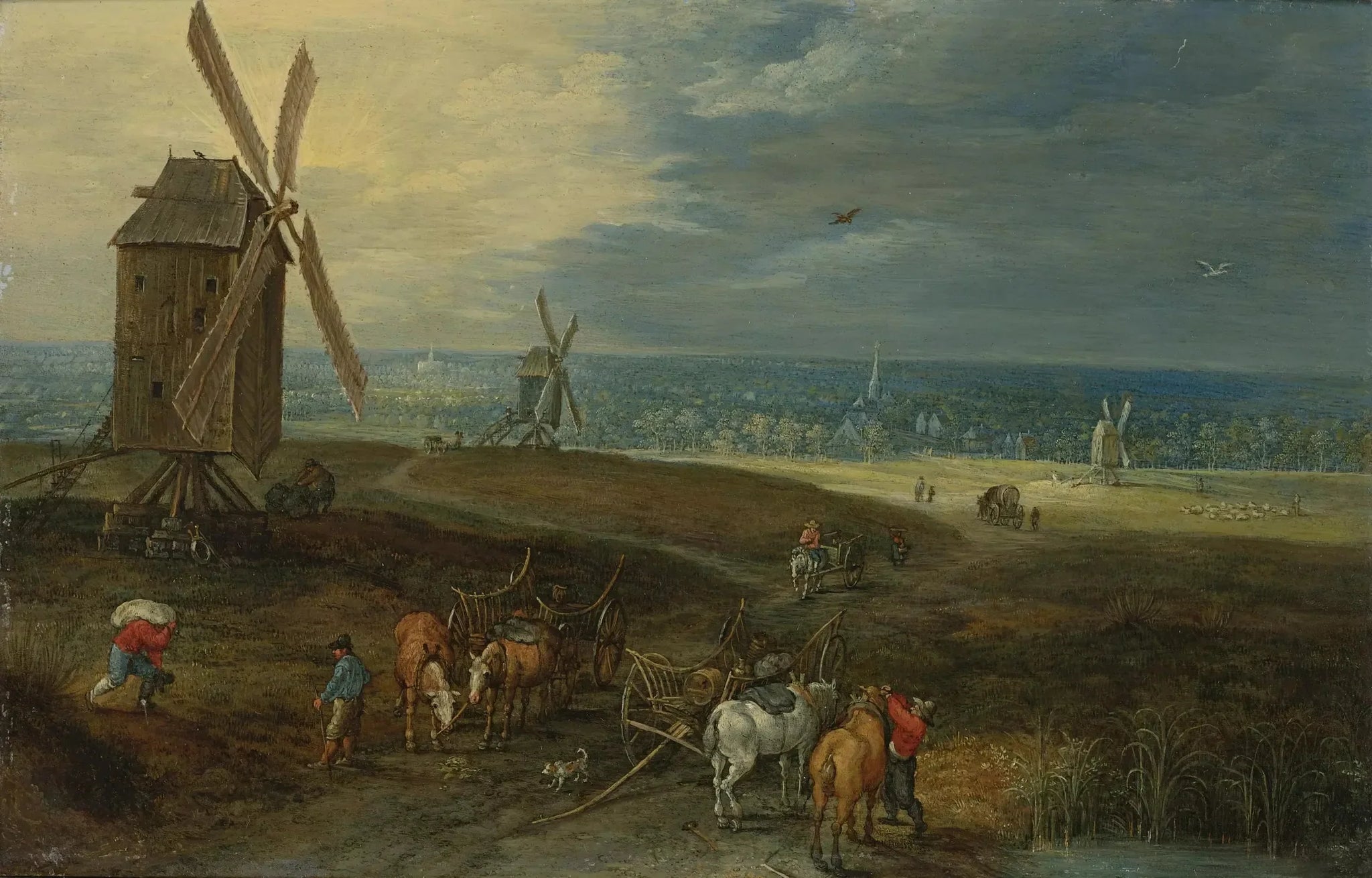 Vaste paysage avec des voyageurs devant un moulin à vent - Jan Brueghel le Jeune image 1 reproduction artisanale de tableau
