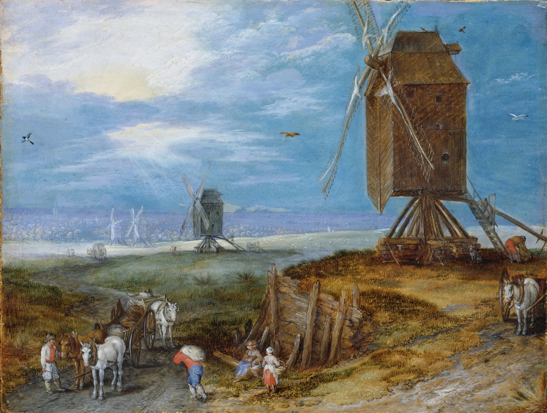 Vaste paysage avec moulins, paysans et chariots au premier plan - Jan Brueghel l'Ancien image 1 tableau peint à l’huile sur toile
