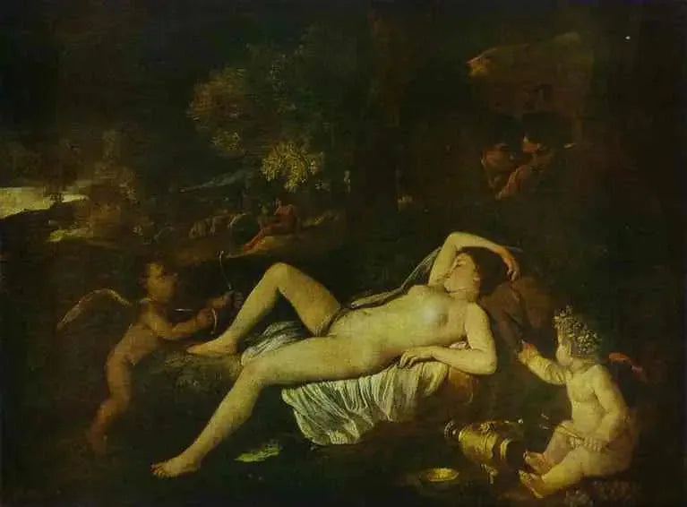 Vénus dormante avec l'Amour - Nicolas Poussin image 1 reproduction artisanale de tableau