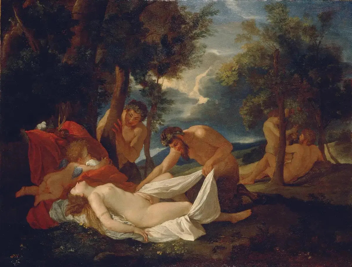Vénus endormie surprise par des satyres - Nicolas Poussin image 1 reproduction de peinture à l’huile