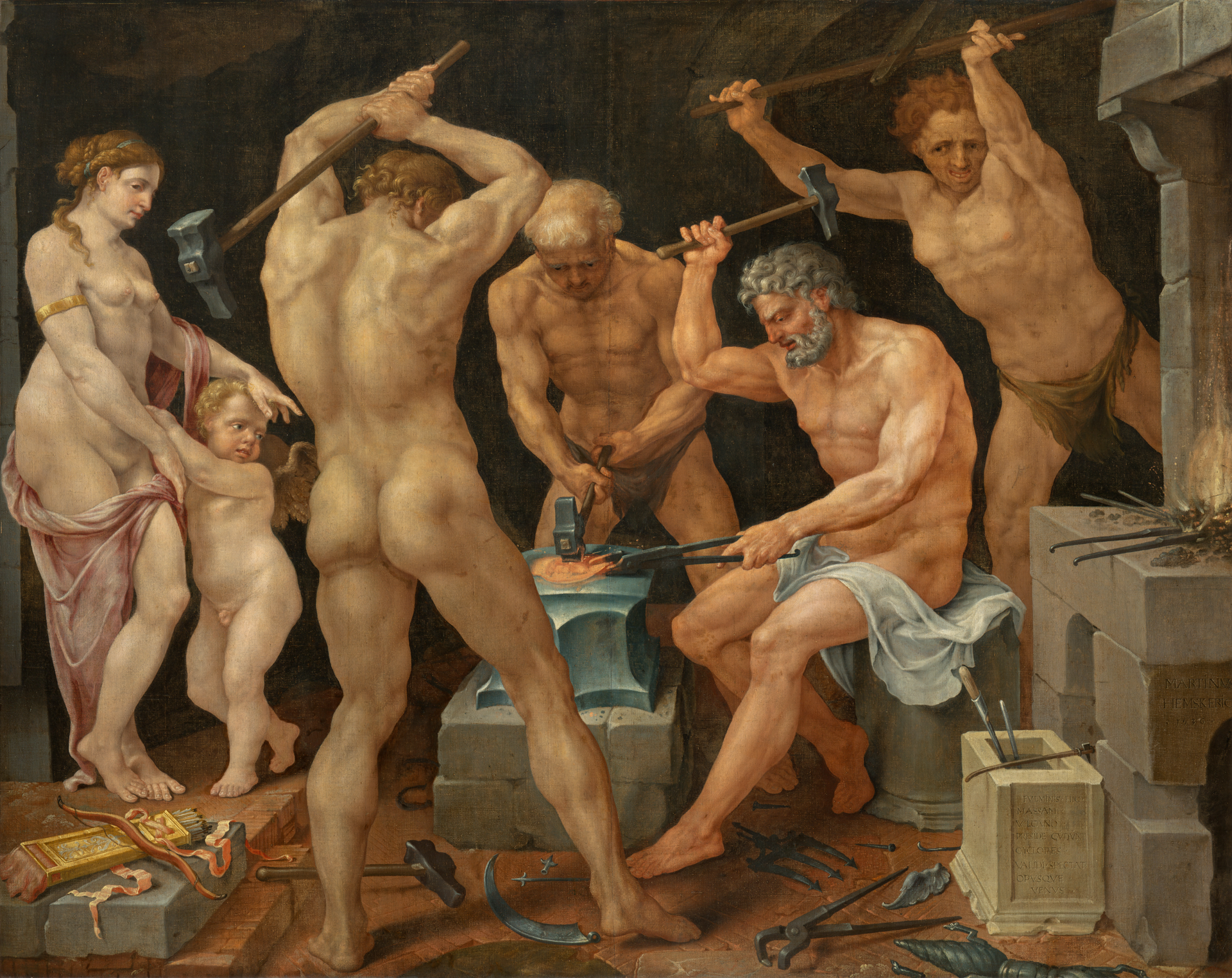Vénus et Cupidon dans la forge de Vulcain - Maarten van Heemskerck image 1 tableau peint à l’huile sur toile