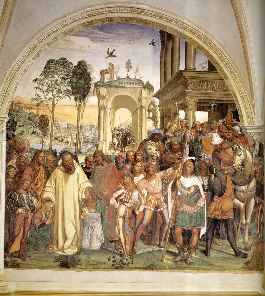Vie de saint Benoît, Scène 12 Benoît reçoit deux jeunes Romains, Maur et Placide - Il Sodoma (Giovanni Antonio Bazzi) image 1 copie peinte à la main à l’huile