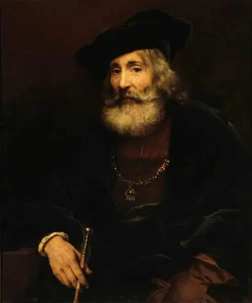 Vieil homme assis avec une canne dans un costume fantaisiste - Rembrandt