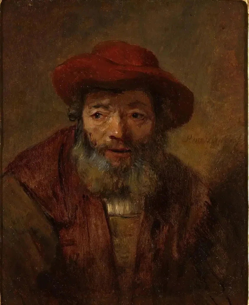 Vieil homme barbu au chapeau rouge – suiveur de Rembrandt