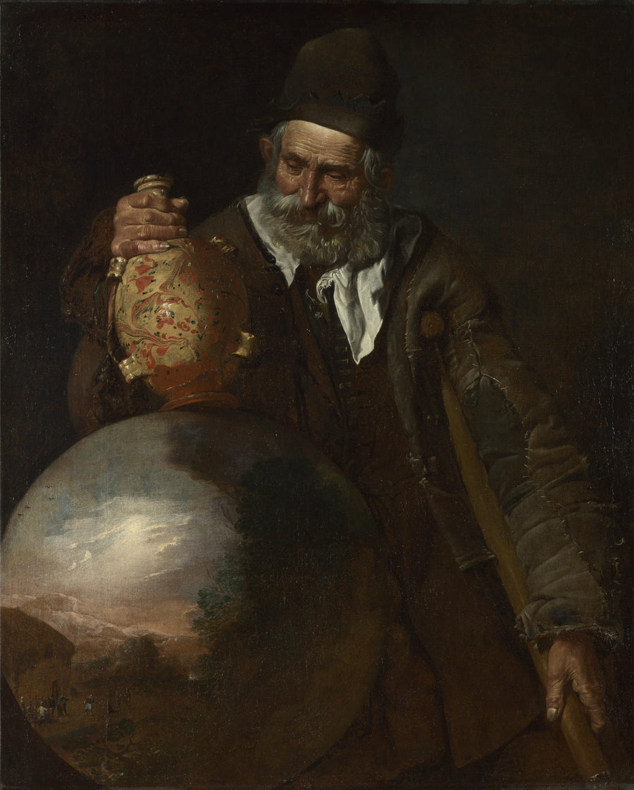 Un vieil homme tenant une bouteille de pèlerin - Pietro Bellotti