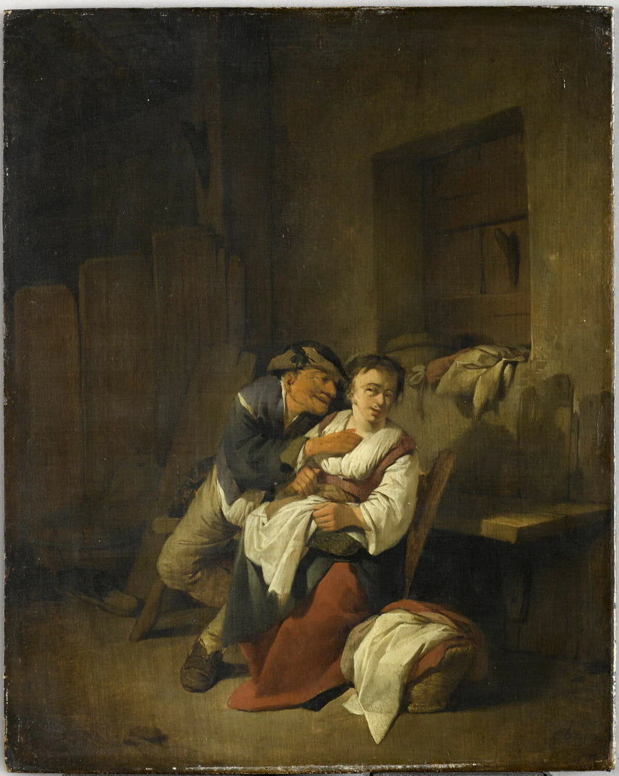 Vieillard lutinant une jeune femme dans un intérieur rustique - Cornelis Pietersz. Bega