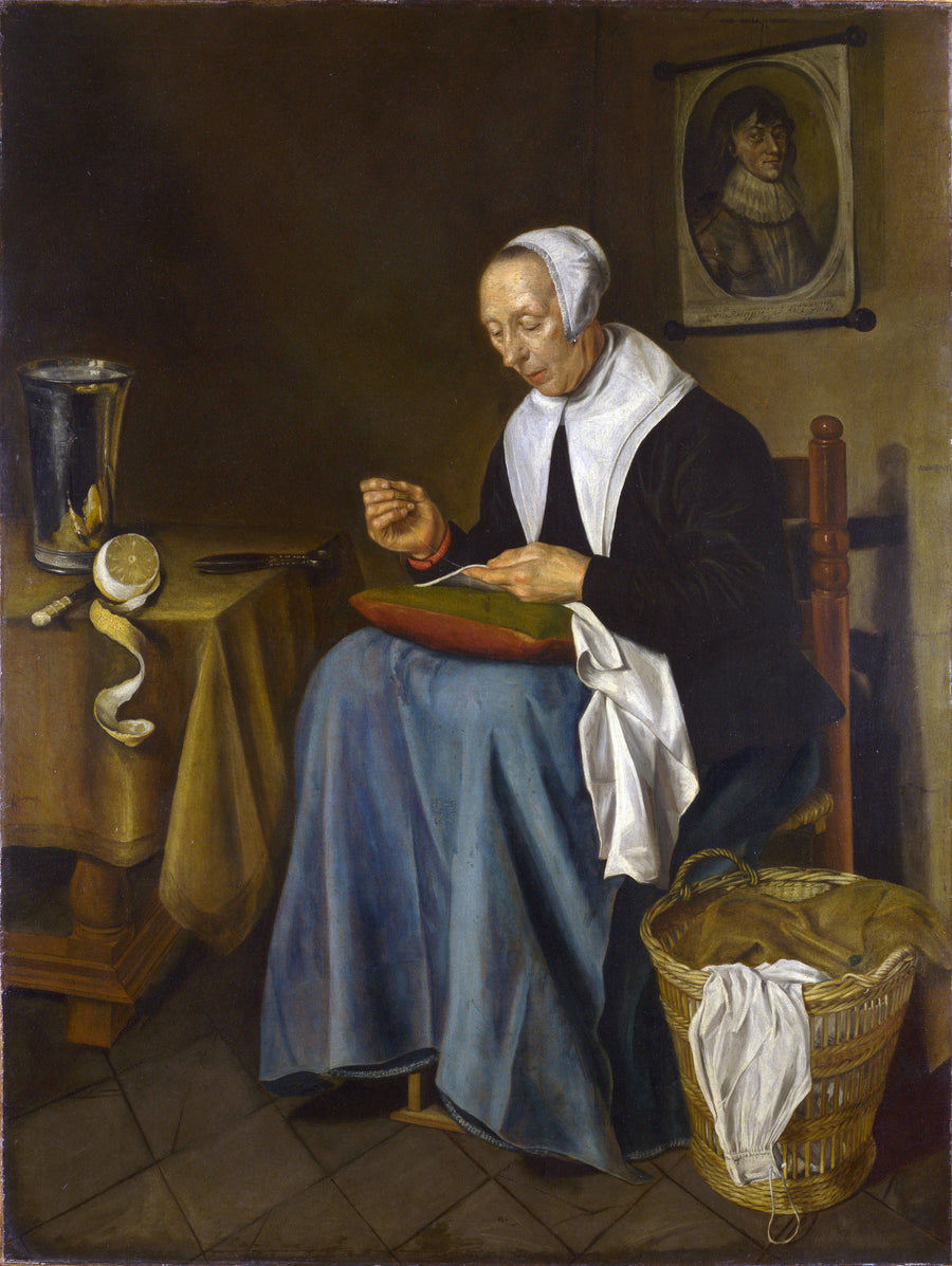 Une vieille femme assise en train de coudre - Johannes Claesz. van der Aack
