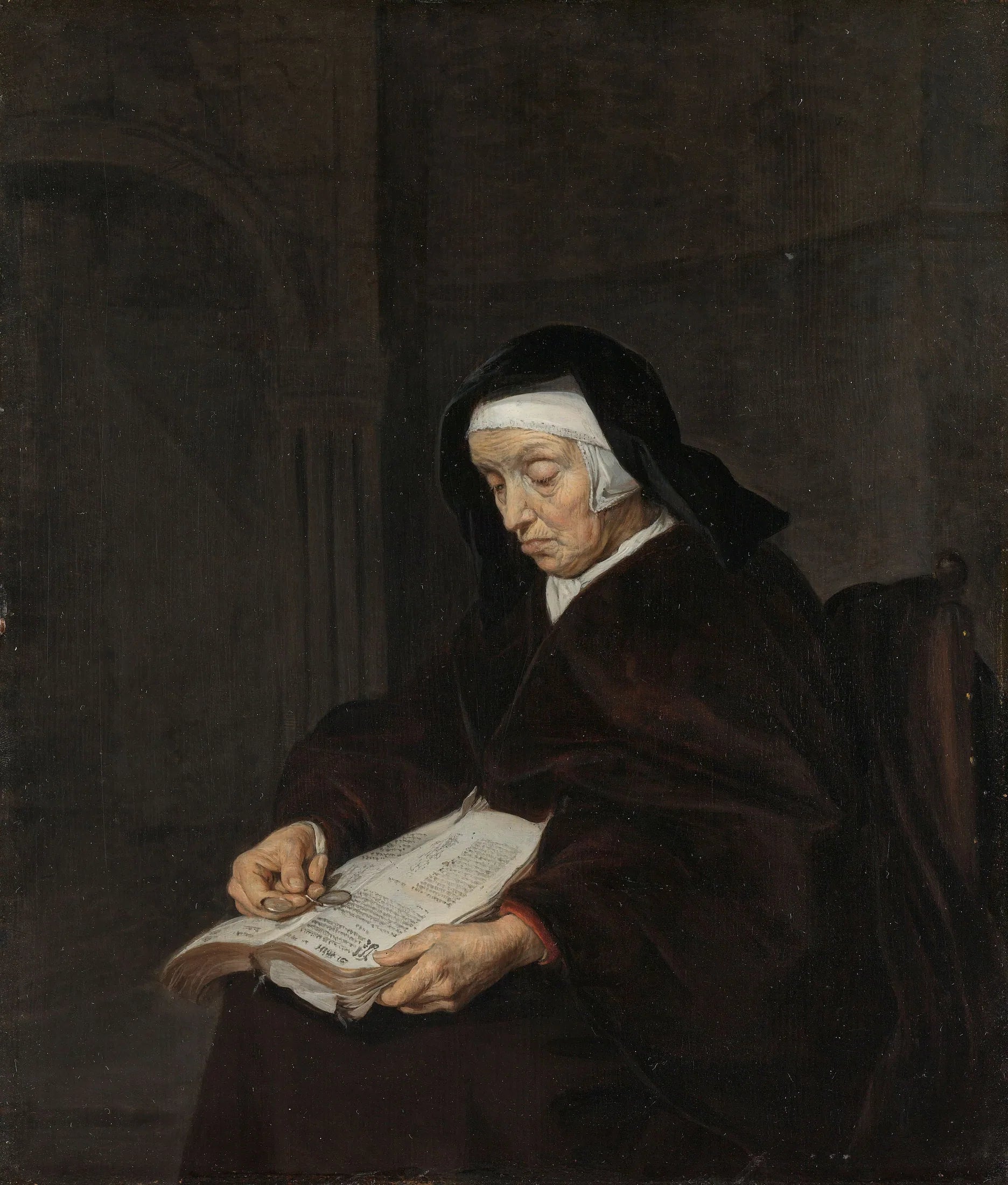 Vieille femme en méditation - Gabriel Metsu image 1 reproduction artisanale de tableau