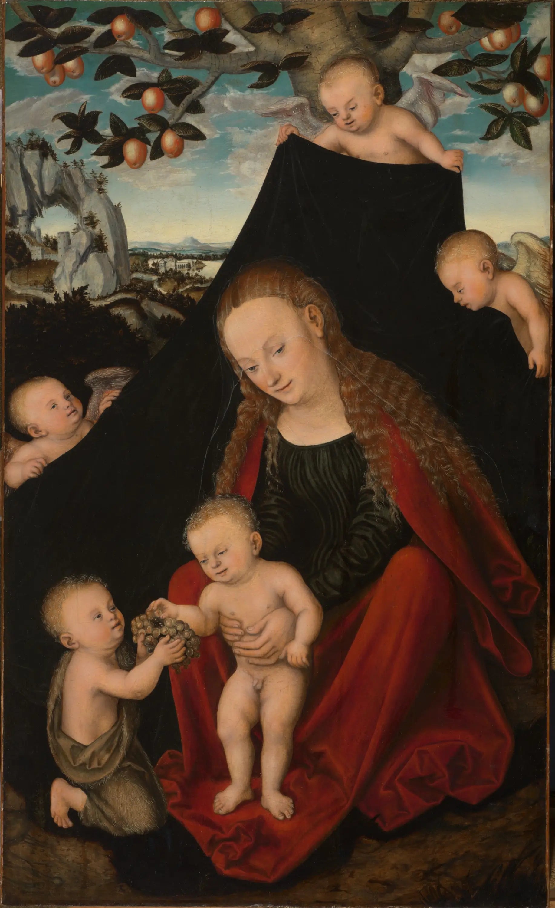 Vierge à l'Enfant avec le jeune saint Jean-Baptiste et des anges - Lucas Cranach the Elder image 1 reproduction artisanale de tableau