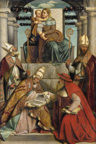 Vierge à l'Enfant avec les quatre docteurs de l'Église - Alessandro Bonvicino image 1 reproduction artisanale de tableau