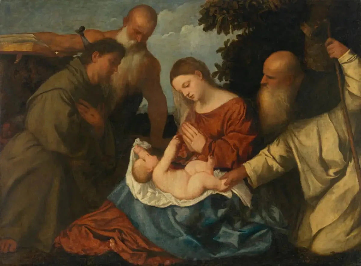 Vierge à l'Enfant avec les saints Antoine Abbé, Jérôme et François - Titian image 1 reproduction de peinture à l’huile