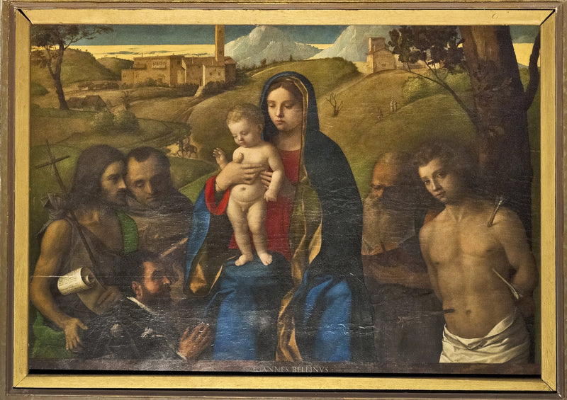 Vierge à l'Enfant avec quatre saints (Jean-Baptiste, Francis, Jérôme et Sébastien (de gauche à droite)) et le Donateur - Giovanni Bellini