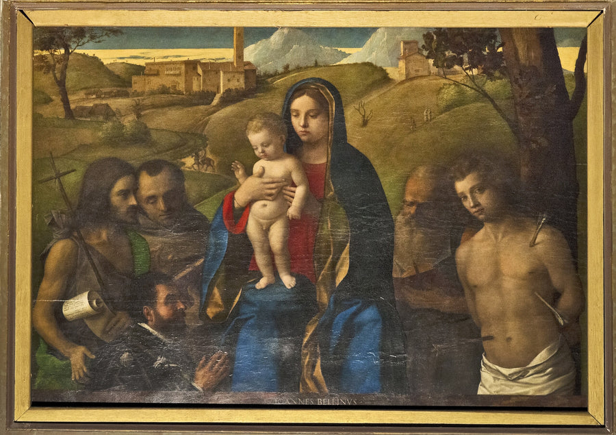 Vierge à l'Enfant avec quatre saints (Jean-Baptiste, Francis, Jérôme et Sébastien (de gauche à droite)) et le Donateur - Giovanni Bellini