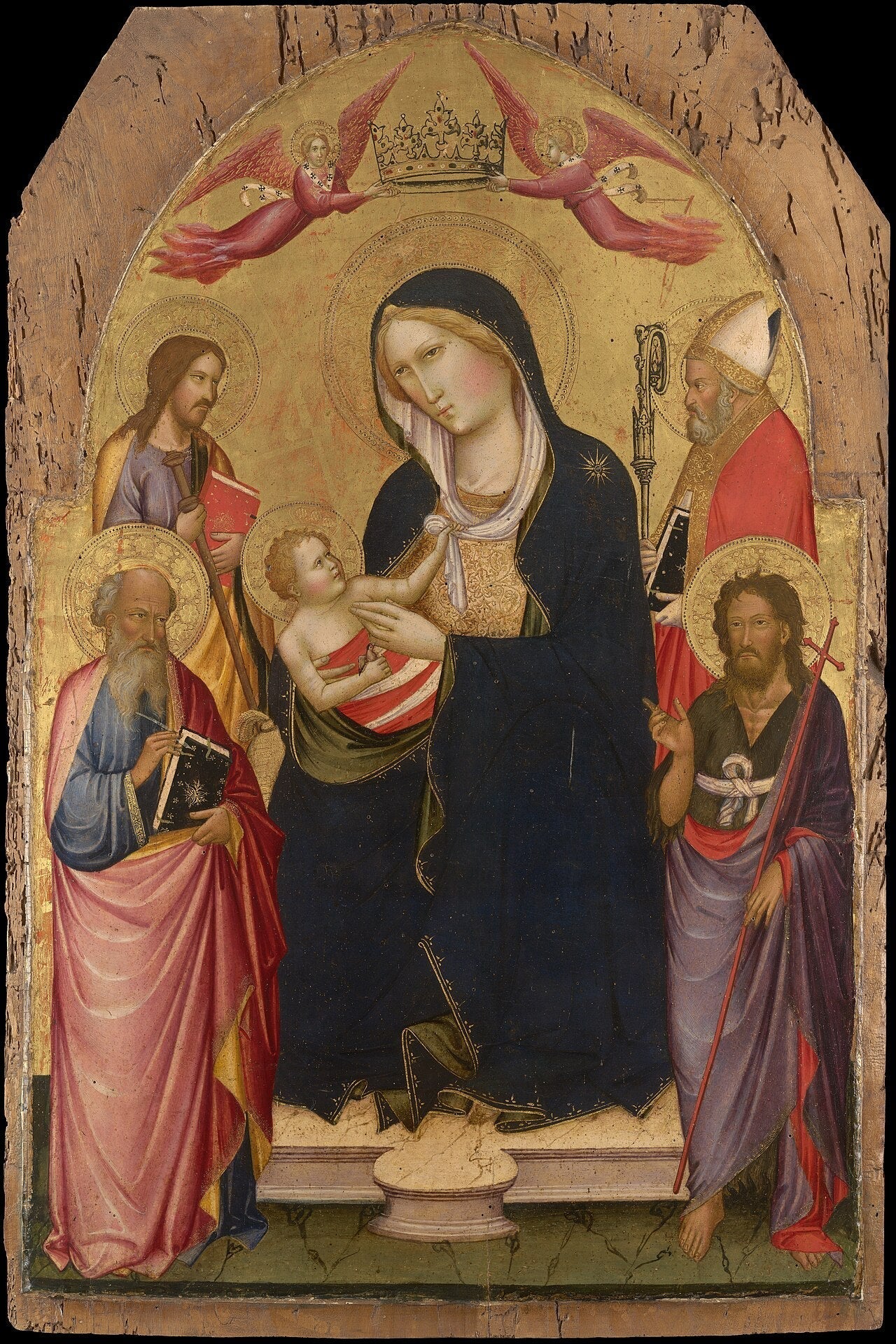 Vierge à l'Enfant avec saint Jean l'Évangéliste, saint Jean-Baptiste, saint Jacques de Compostelle et saint Nicolas de Bari - Agnolo Gaddi image 1 copie peinte à la main à l’huile