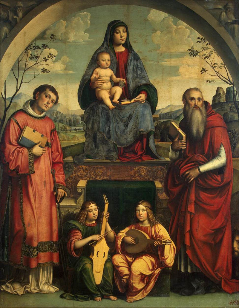 Vierge à l'Enfant avec Saint Laurent, Saint Jérôme et deux anges jouant de la musique - Francesco Francia
