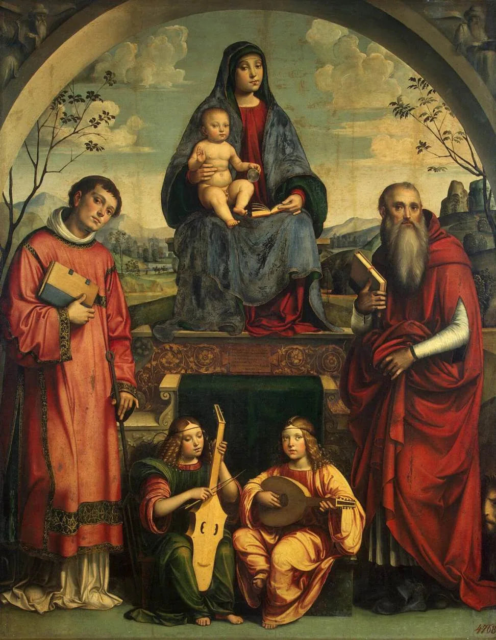 Vierge à l'Enfant avec Saint Laurent, Saint Jérôme et deux anges jouant de la musique - Francesco Francia image 1 reproduction de peinture à l’huile