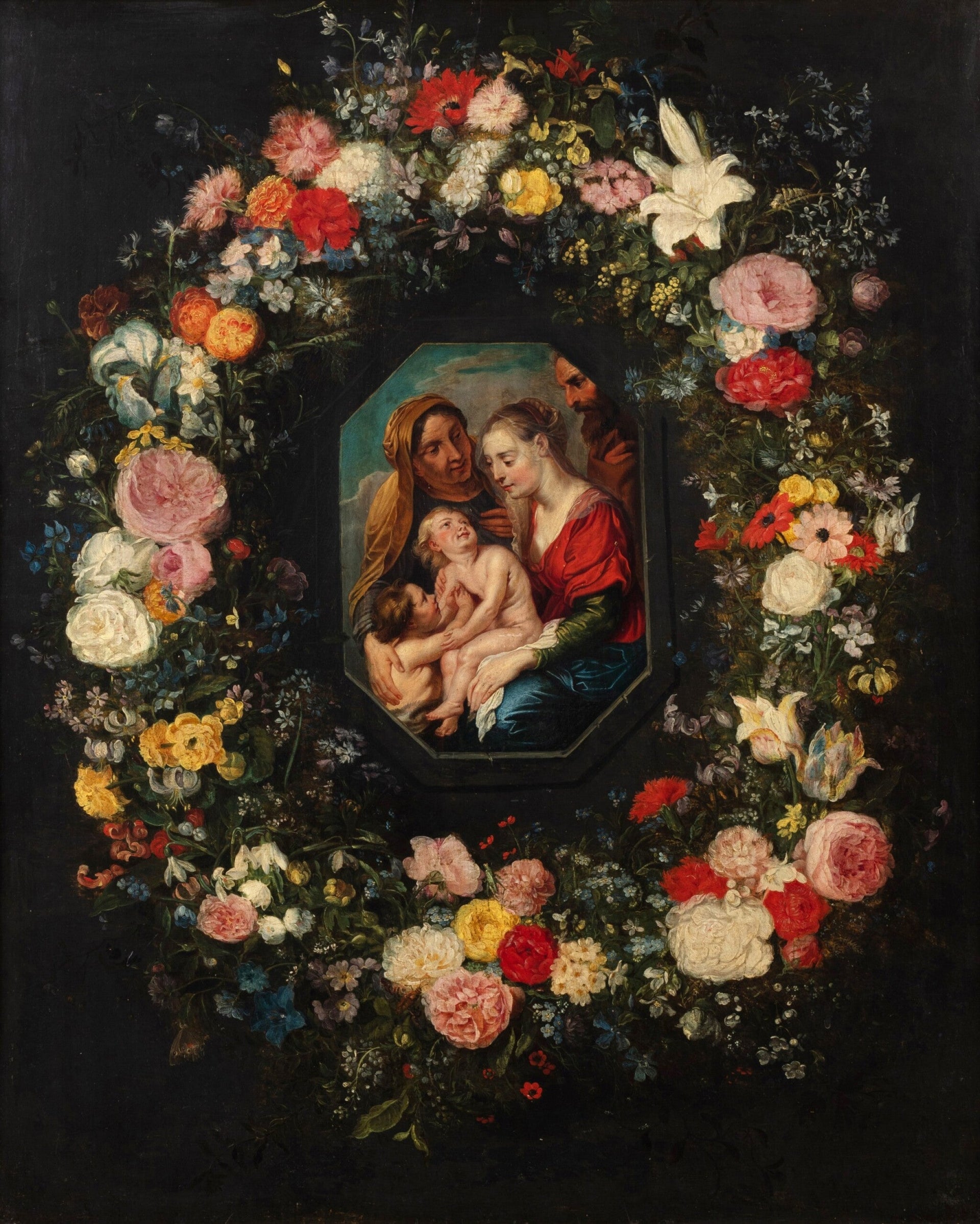 Vierge à l'Enfant avec sainte Anne et saint Jean dans une guirlande de fleurs - Jan Brueghel le Jeune image 1 reproduction d’œuvre d’art à l’huile