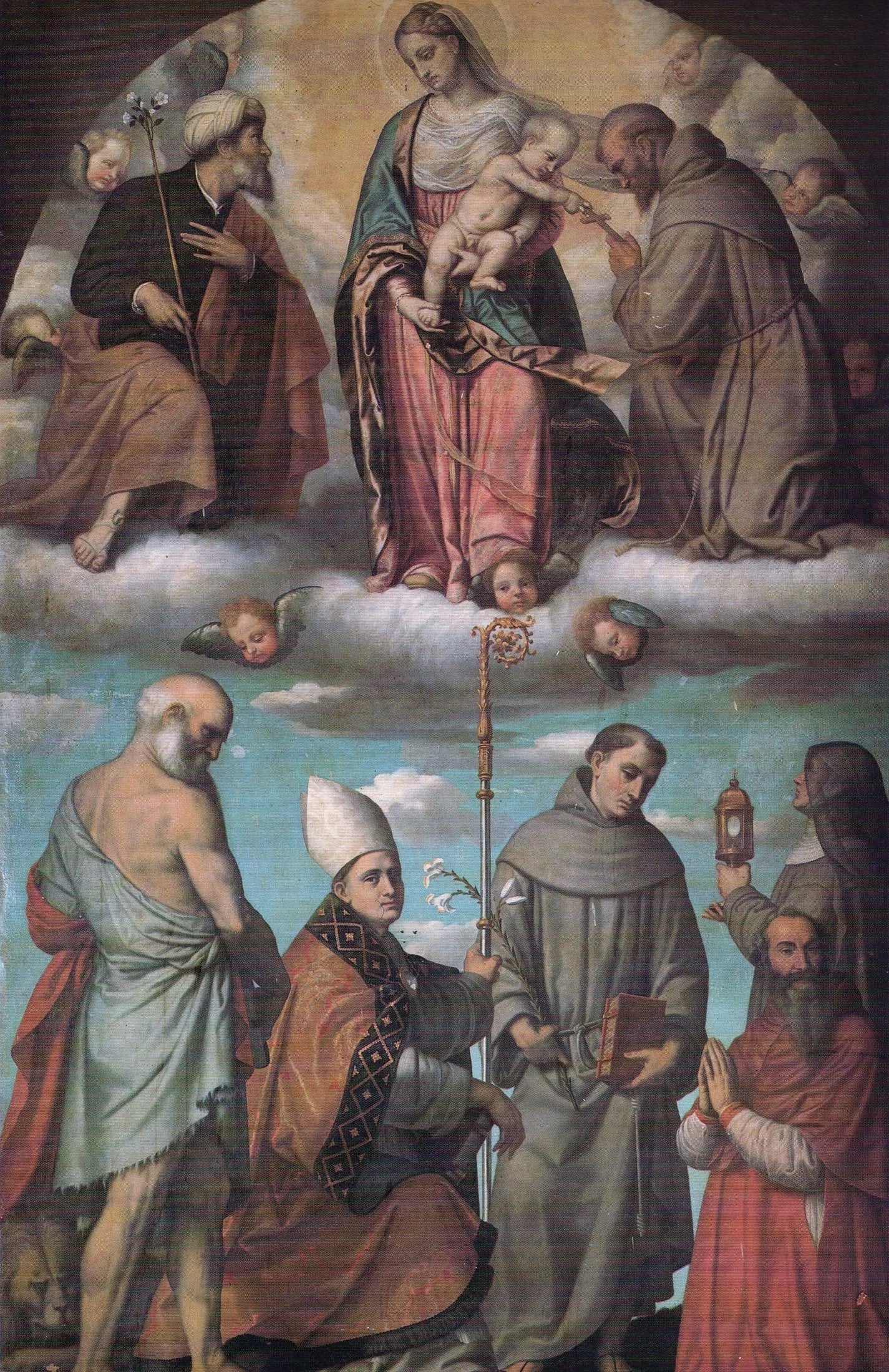 Vierge à l'Enfant en gloire avec les saints Joseph et François - Alessandro Bonvicino image 1 tableau peint à l’huile sur toile